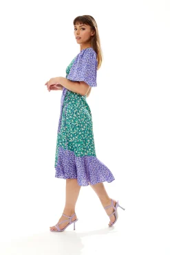 Women’s Midi Wrap Dress in Vibrant Multi-Print with Short Sleeves – Stylish Design by Liquorish