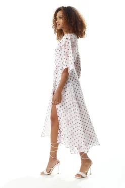 Women’s Midi Wrap Dress in White with Pink Floral & Polka Dots, V Neck, Kimono Sleeves - Liquorish
