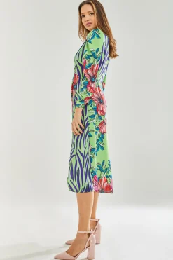 Women's Midi Wrap Dress in Green Floral and Animal Contrast Print - Long Sleeves with Waist Wrap Detail by Liquorish