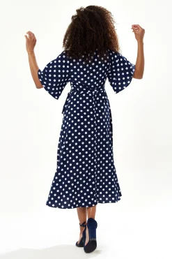 Women's Midi Wrap Dress in Navy with Kimono Sleeves - Chic Big Polka Dot Design by Liquorish