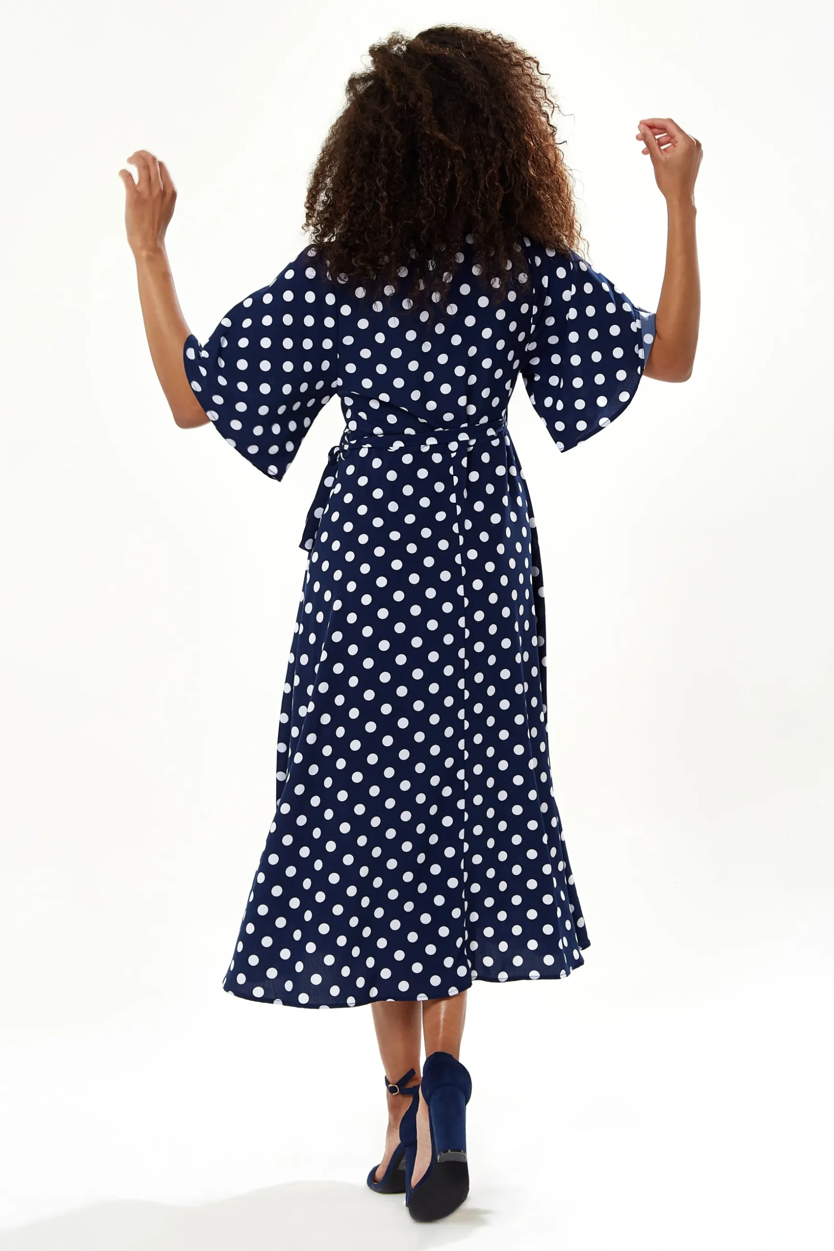 Women's Midi Wrap Dress in Navy with Kimono Sleeves - Chic Big Polka Dot Design by Liquorish