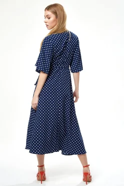 Women's Midi Wrap Dress in Navy with Kimono Sleeves - Elegant Design for Effortless Style by Liquorish