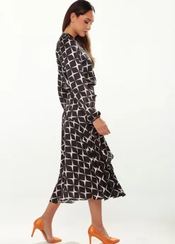 Women’s Midi Wrap Dress in Black & White with Full Length Balloon Sleeves - Liquorish