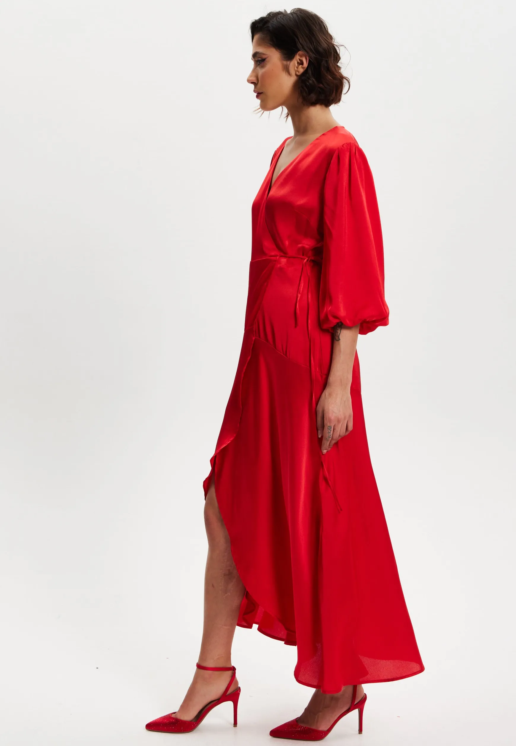 Women's Midi Wrap Dress in Red with Short Puff Sleeves - Elegant Design for Any Occasion by Liquorish