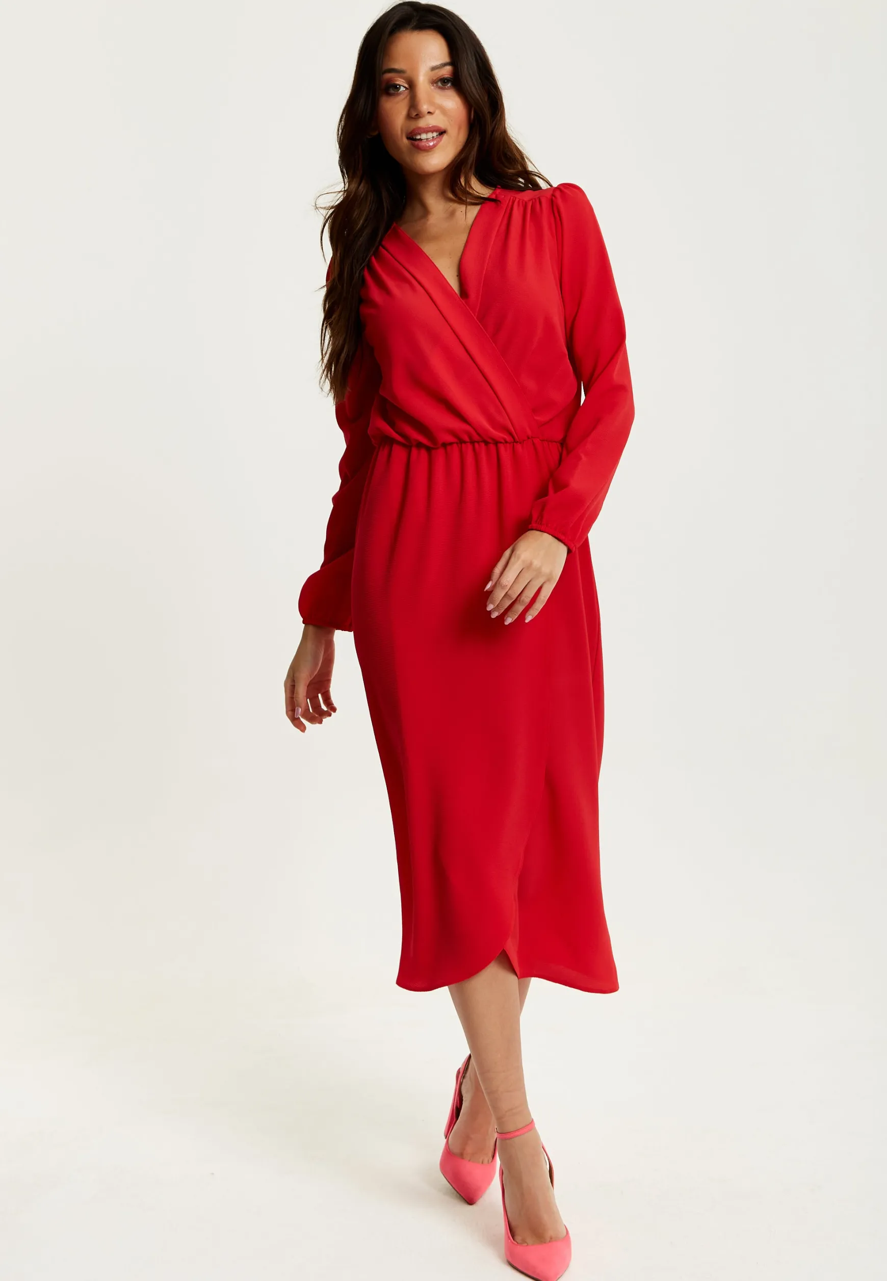 Women's Midi Wrap Dress in Red with Long Sleeves and V Neck - Regular Fit by Liquorish