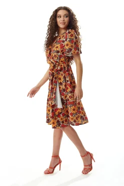 Women’s Midi Wrap Dress in Vibrant Orange and Red Floral Print with Short Sleeves - Chic Tie Waist by Liquorish