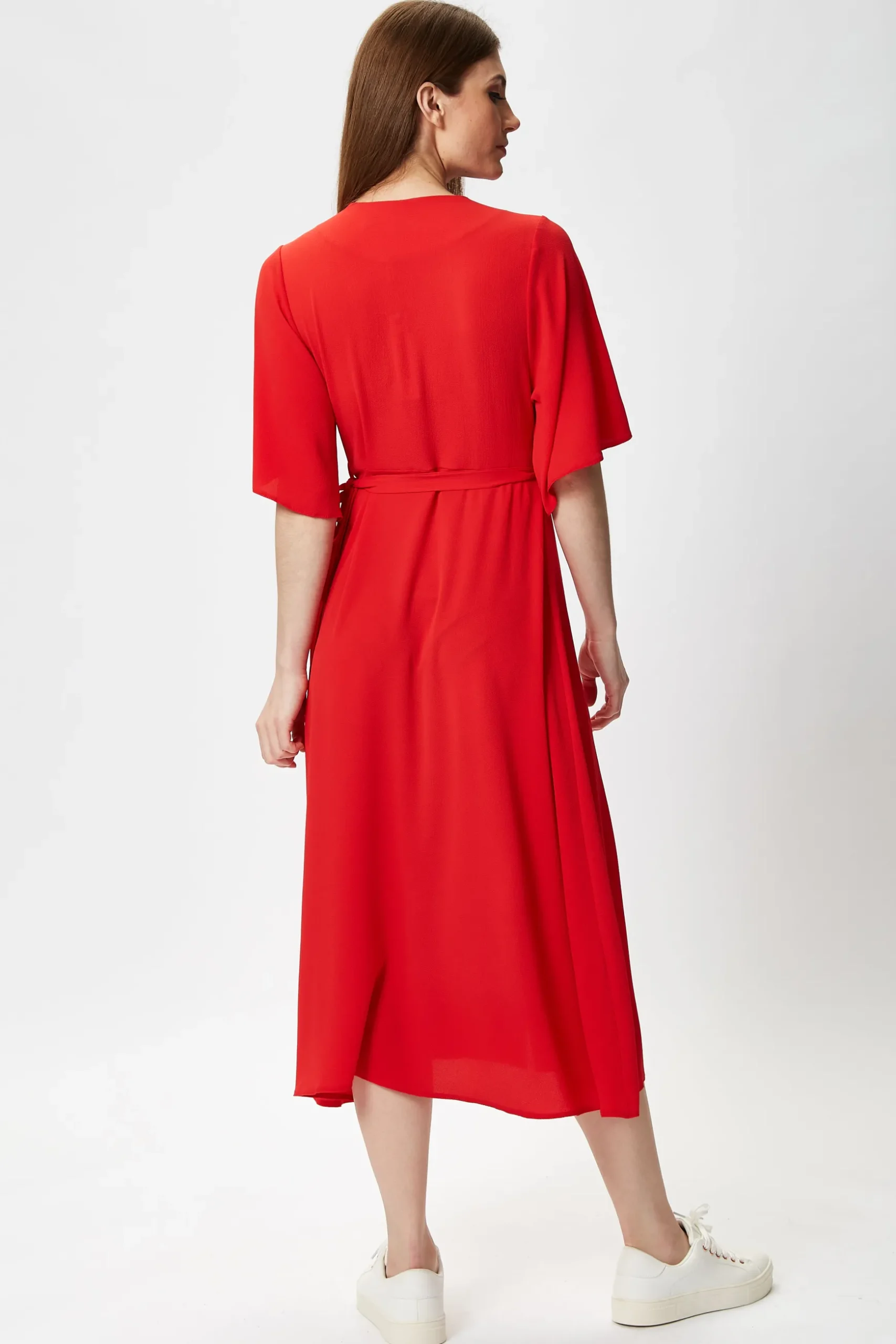 Women's Midi Wrap Dress in Red with Short Kimono Sleeves - Adjustable Tie Waist and V-Neckline by Liquorish