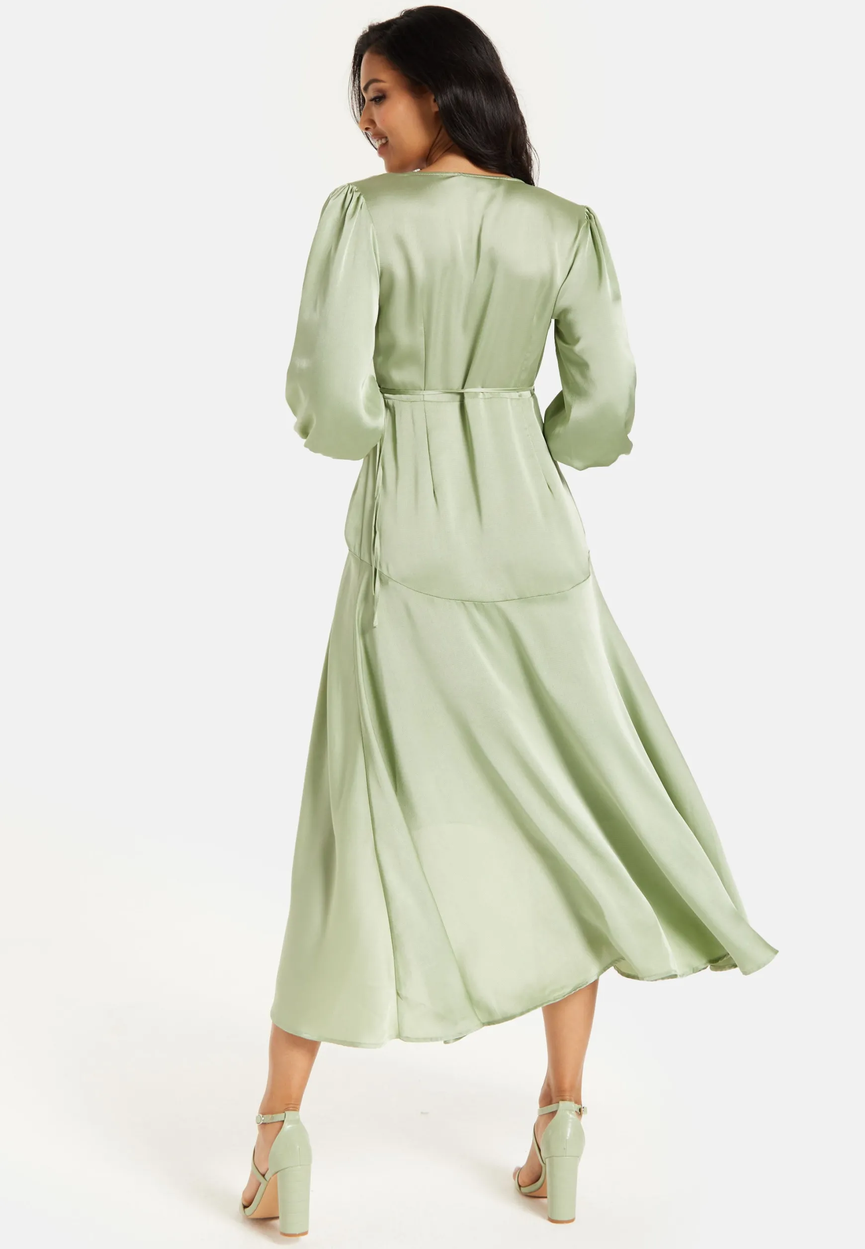 Women's Midi Wrap Dress in Sage Green with Short Puff Sleeves - Elegant Style and Comfort by Liquorish