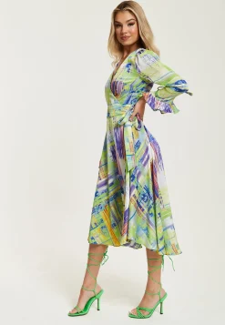 Women's Midi Wrap Dress in Green with V Neck, Side Tie, Flouncy Cuffs - Perfect for Every Occasion by Liquorish