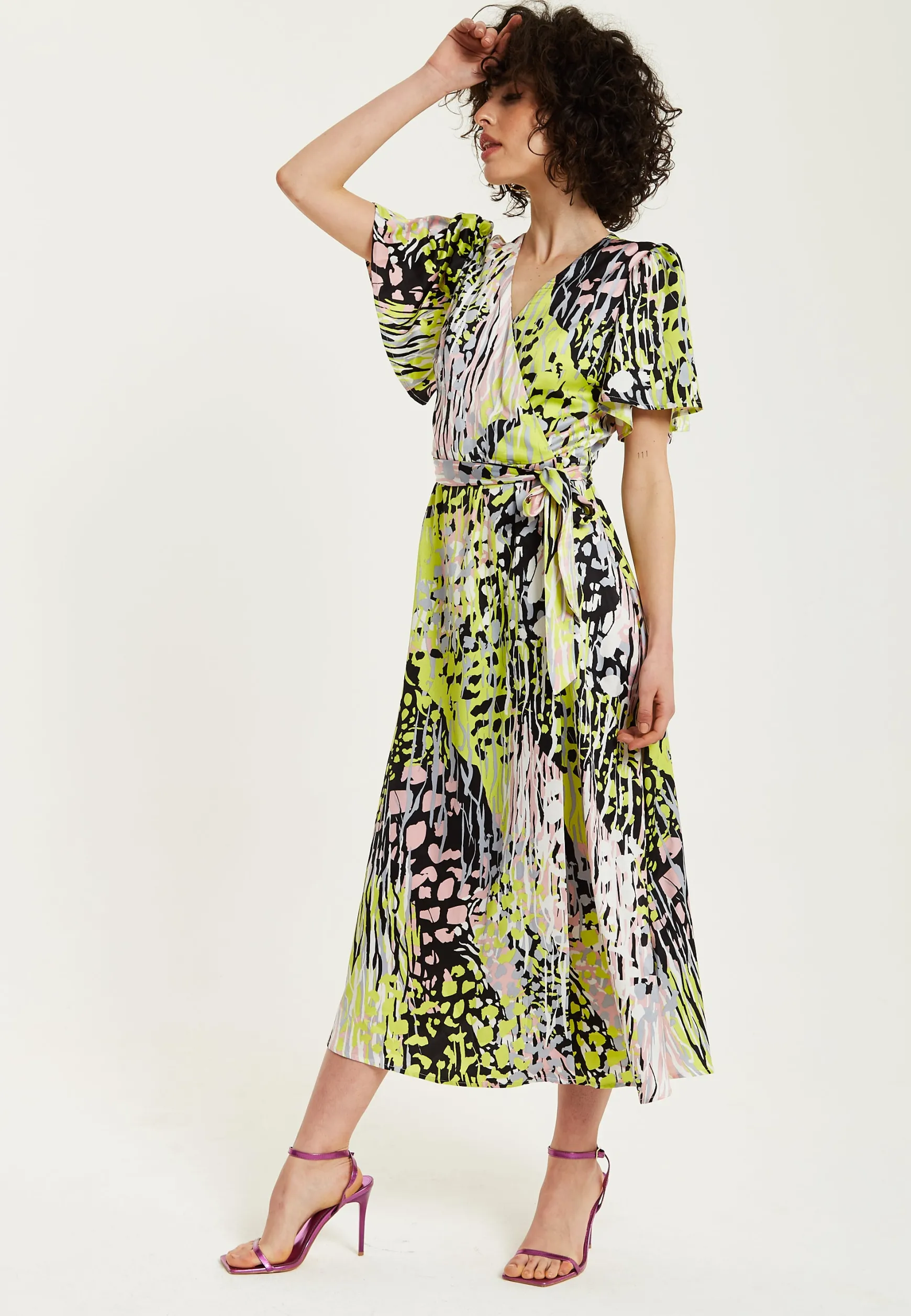 Women's Midi Wrap Dress in Vibrant Multicolour Abstract Print with Short Sleeves - Liquorish