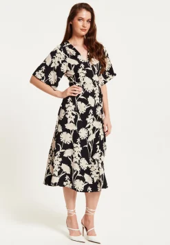 Women's Midi Wrap Dress in Floral Print with Kimono Sleeves - V Neck, Tie Waist, Adjustable Fit - Liquorish