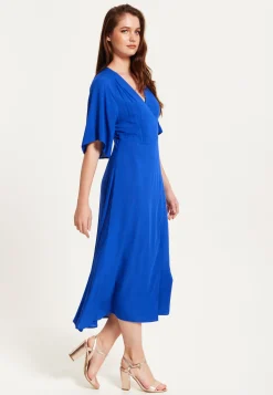 Women's Midi Wrap Dress in Royal Blue with Kimono Sleeves and Matching Tie Waist - Liquorish