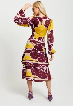 Women's Midi Wrap Dress in Mustard and Burgundy with Long Balloon Sleeves - Elegant Satin by Liquorish