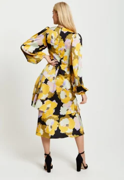 Women's Midi Wrap Dress in Earth Tone Floral with Long Balloon Sleeves & Frill Details - Liquorish