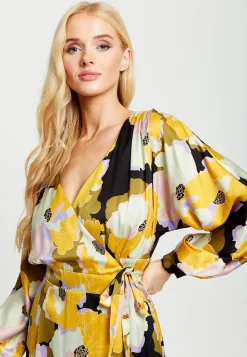 Women's Midi Wrap Dress in Earth Tone Floral Print with Long Balloon Sleeves – Stylish Elegance by Liquorish