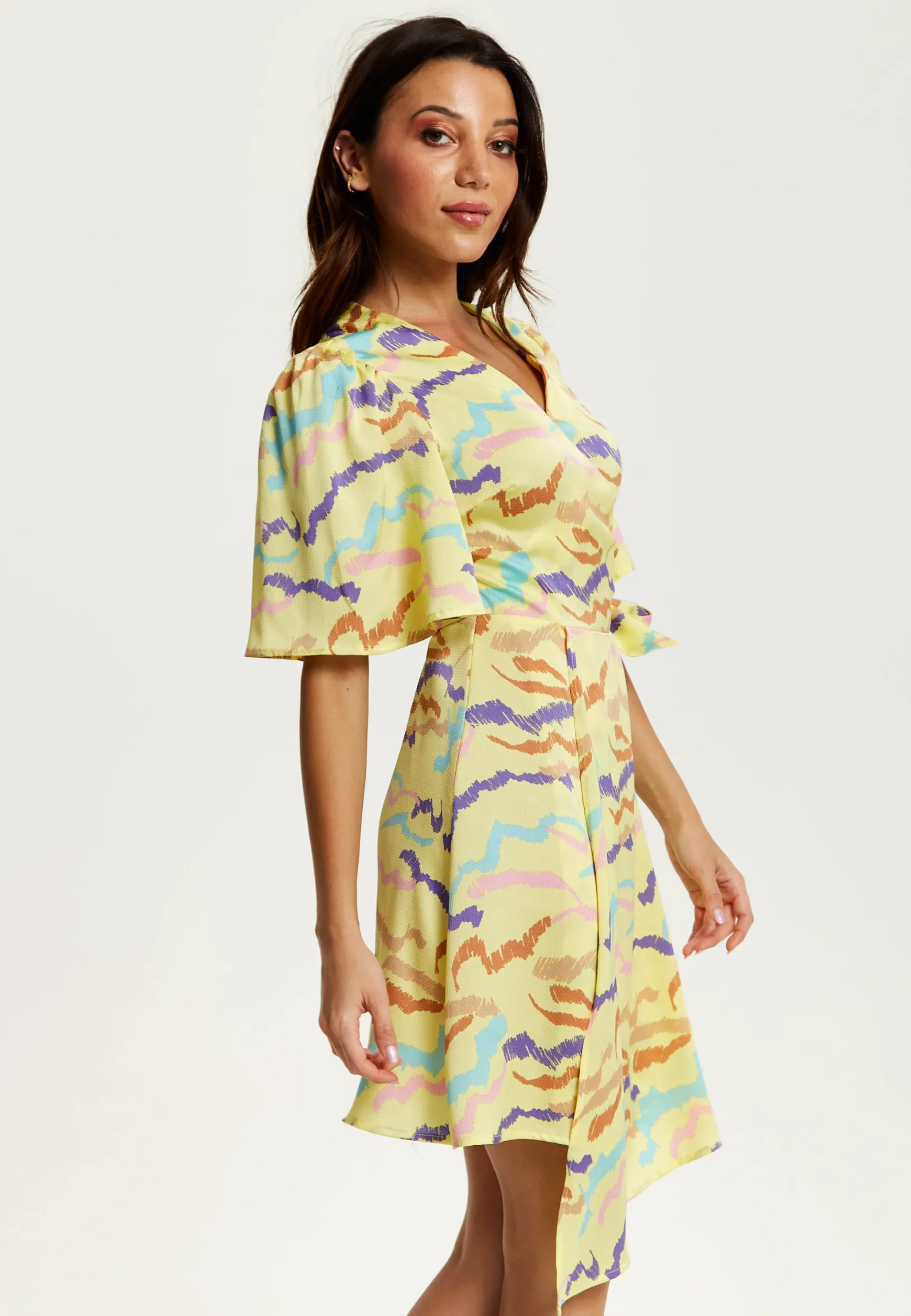 Women's Midi Wrap Dress in Yellow with Kimono Sleeves and Abstract Print - Stylish Design by Liquorish