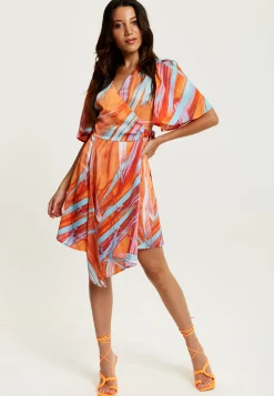 Women's Midi Wrap Dress in Orange with V Neck, Kimono Sleeves, and Abstract Print - Stylish Design by Liquorish