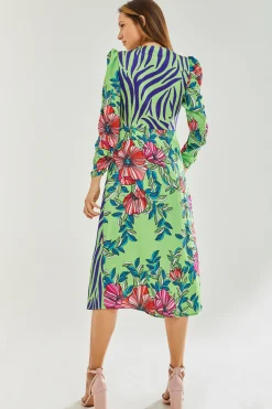 Women's Midi Wrap Dress in Green Floral and Animal Contrast Print - Long Sleeves with Waist Wrap Detail by Liquorish