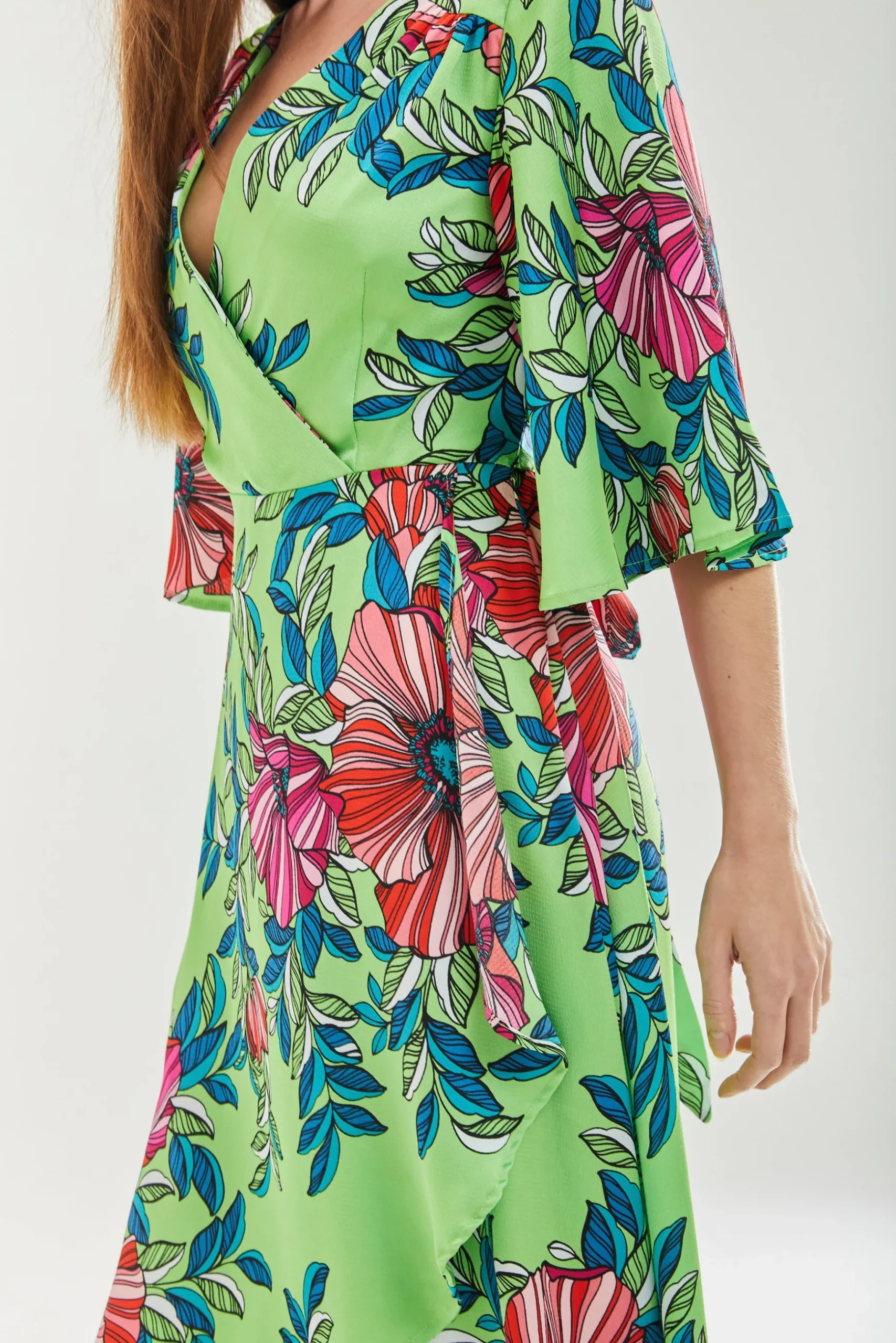 Women's Midi Wrap Dress in Green with Flared Sleeves - Elegant Floral Design by Liquorish