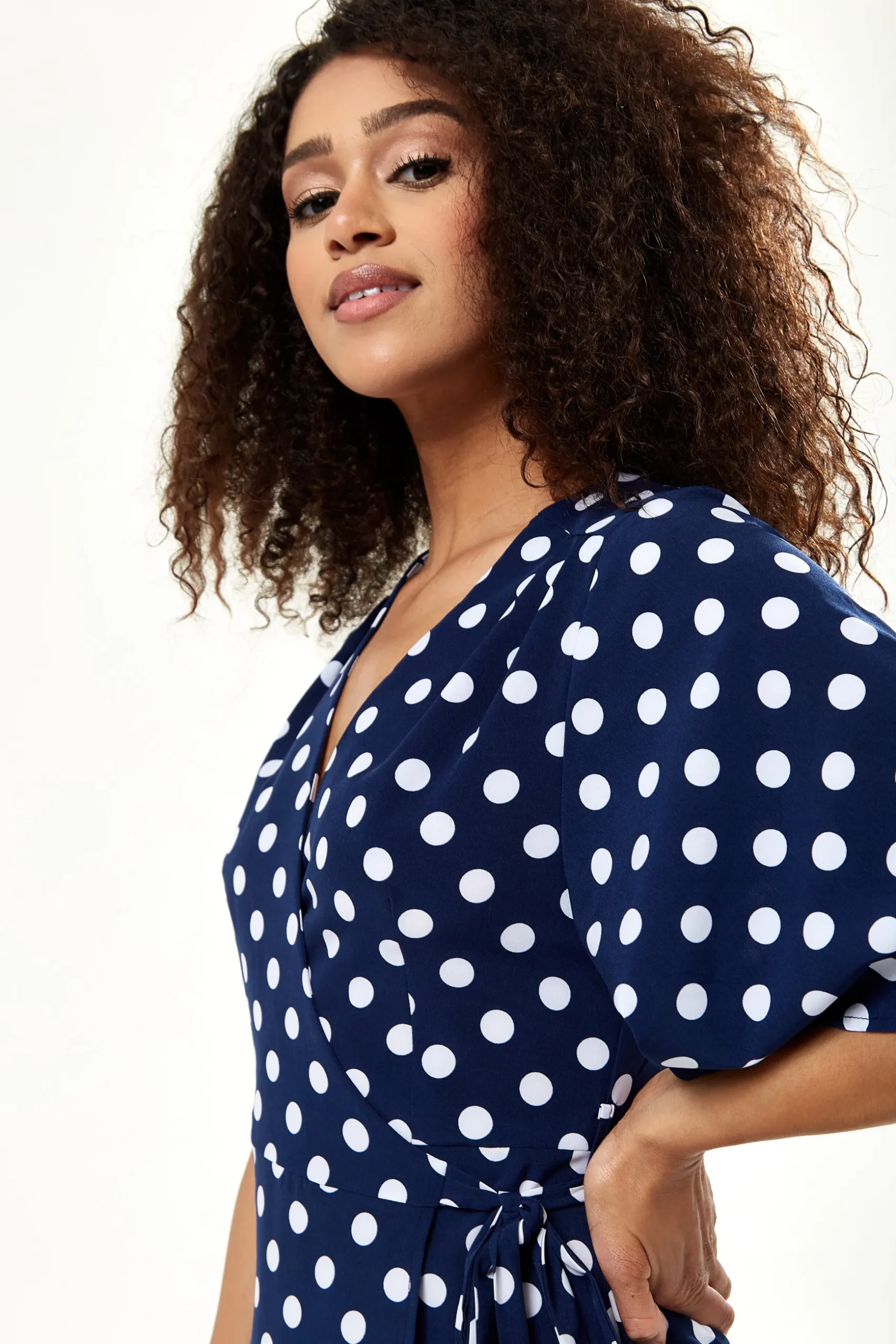 Women's Midi Wrap Dress in Navy with Kimono Sleeves - Chic Big Polka Dot Design by Liquorish