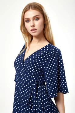 Women's Midi Wrap Dress in Navy with Kimono Sleeves - Elegant Design for Effortless Style by Liquorish