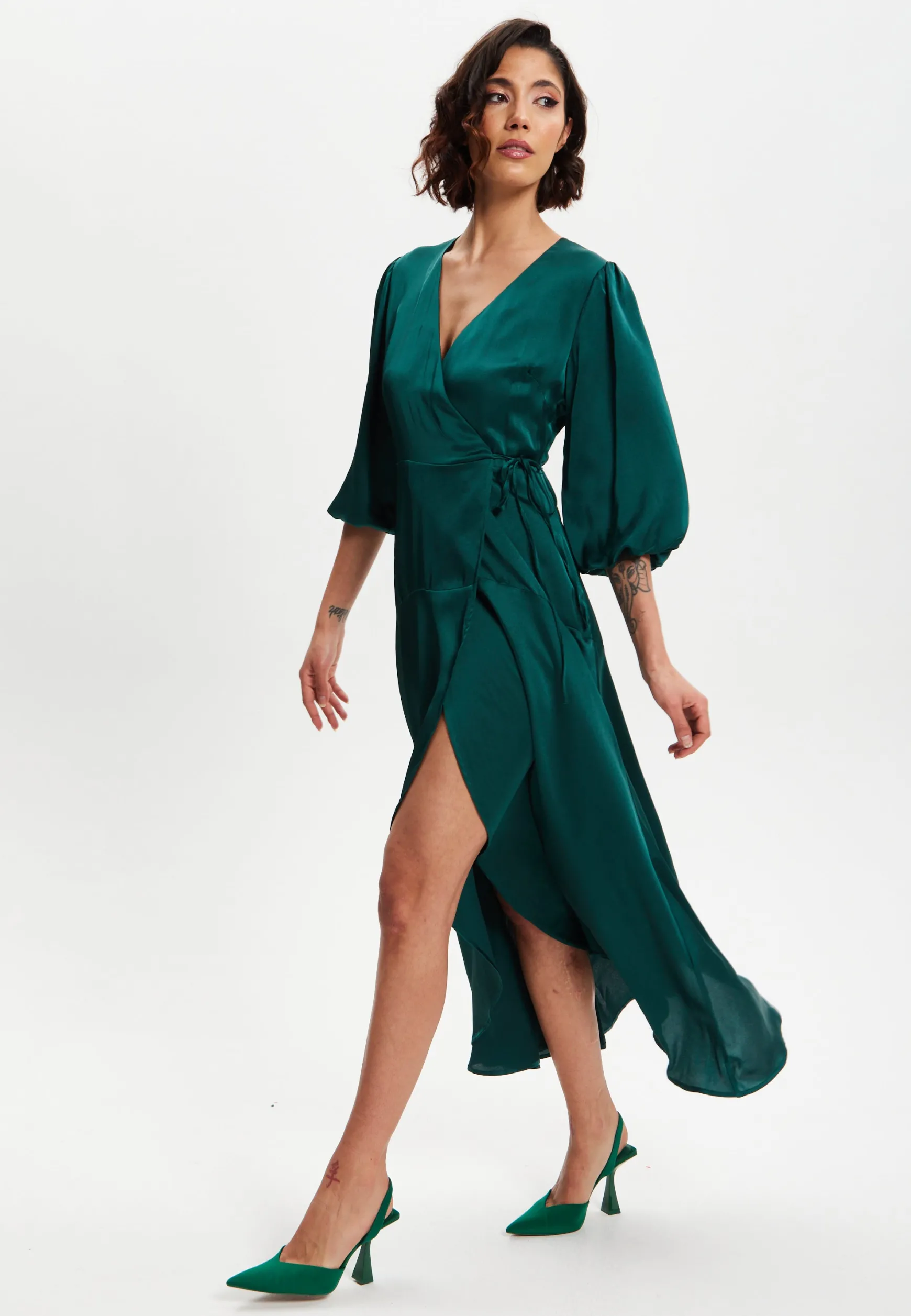 Women's Midi Wrap Dress in Dark Green with Short Puff Sleeves - Elegant Design by Liquorish
