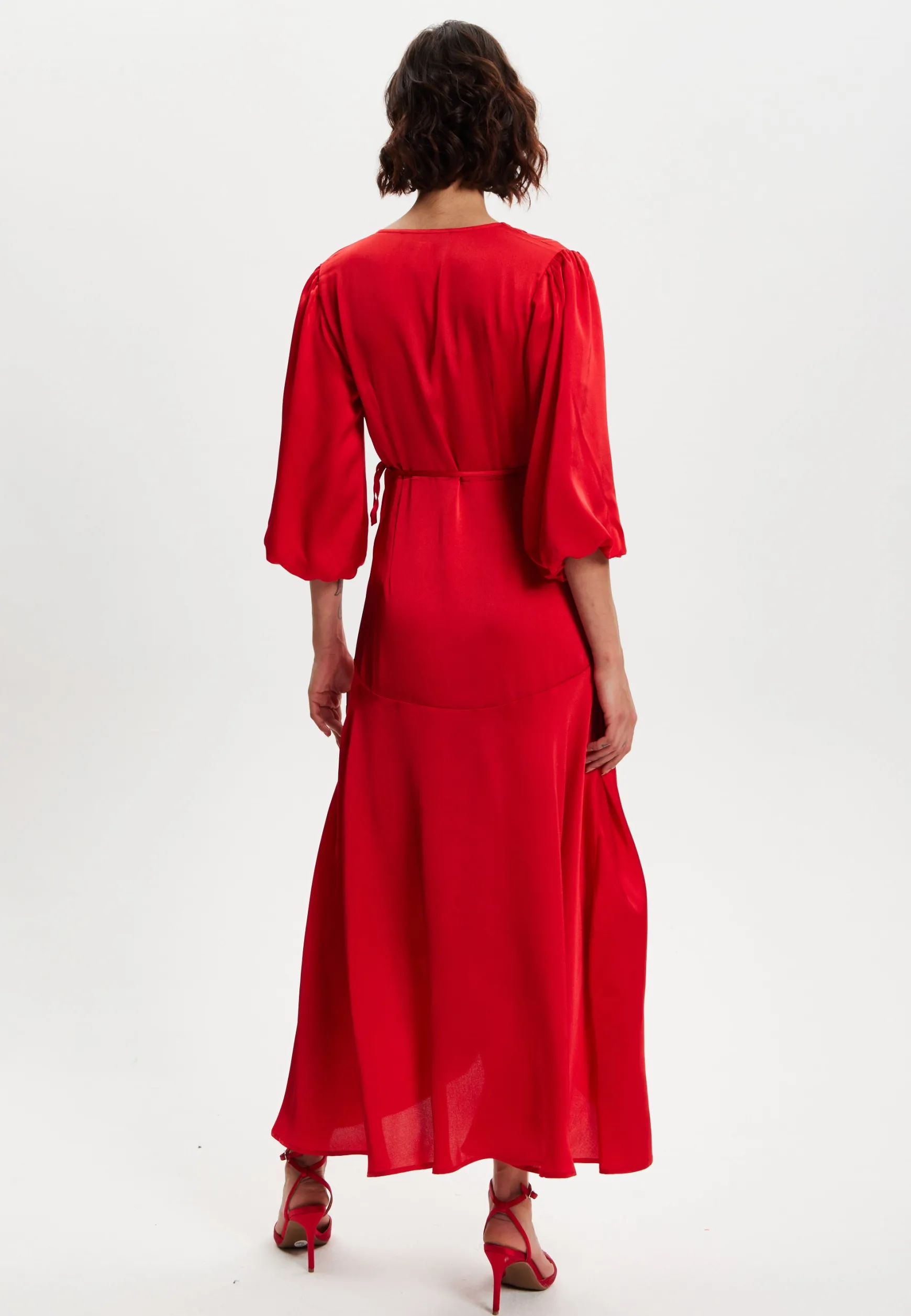 Women's Midi Wrap Dress in Red with Short Puff Sleeves - Elegant Design for Any Occasion by Liquorish