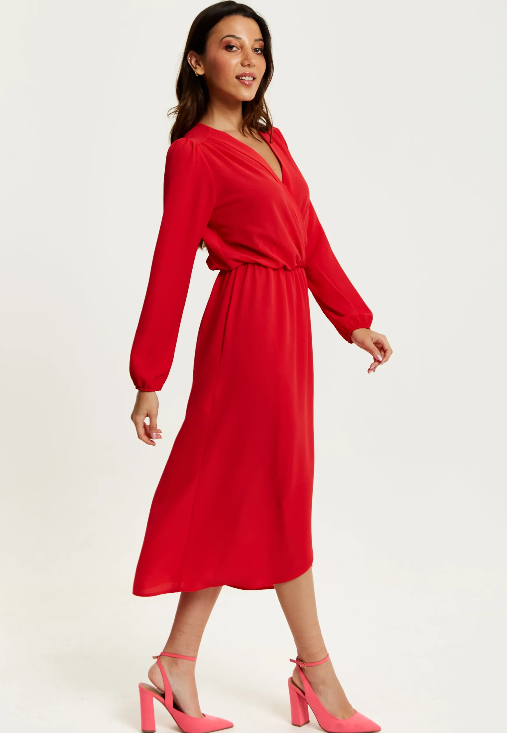 Women's Midi Wrap Dress in Red with Long Sleeves and V Neck - Regular Fit by Liquorish