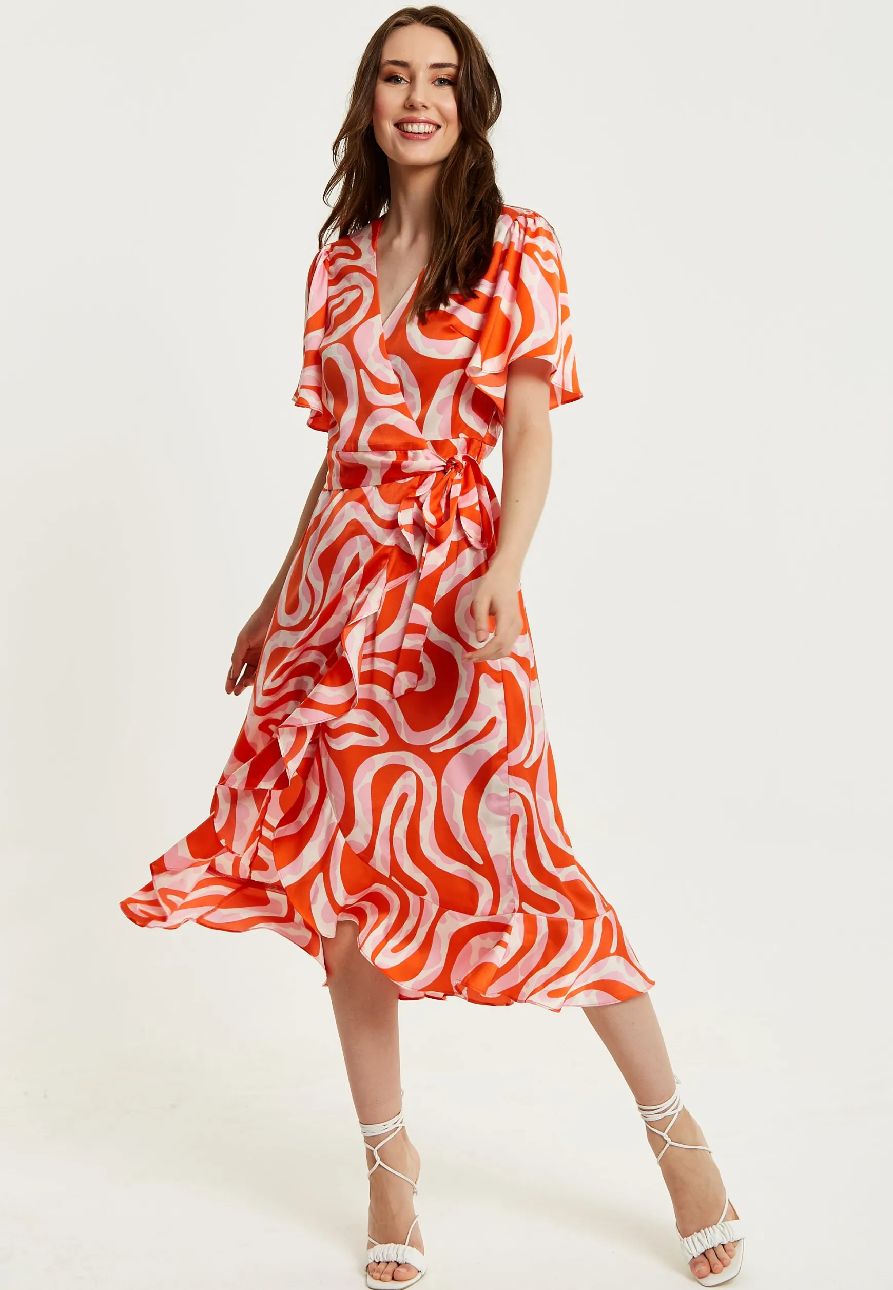 Women's Midi Wrap Dress in Pink and Red Abstract Print with Short Sleeves - Flattering V Neck and Tie Waist by Liquorish