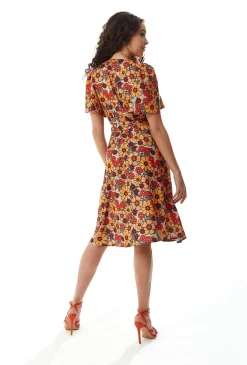 Women’s Midi Wrap Dress in Vibrant Orange and Red Floral Print with Short Sleeves - Chic Tie Waist by Liquorish