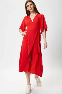 Women's Midi Wrap Dress in Red with Short Kimono Sleeves - Adjustable Tie Waist and V-Neckline by Liquorish