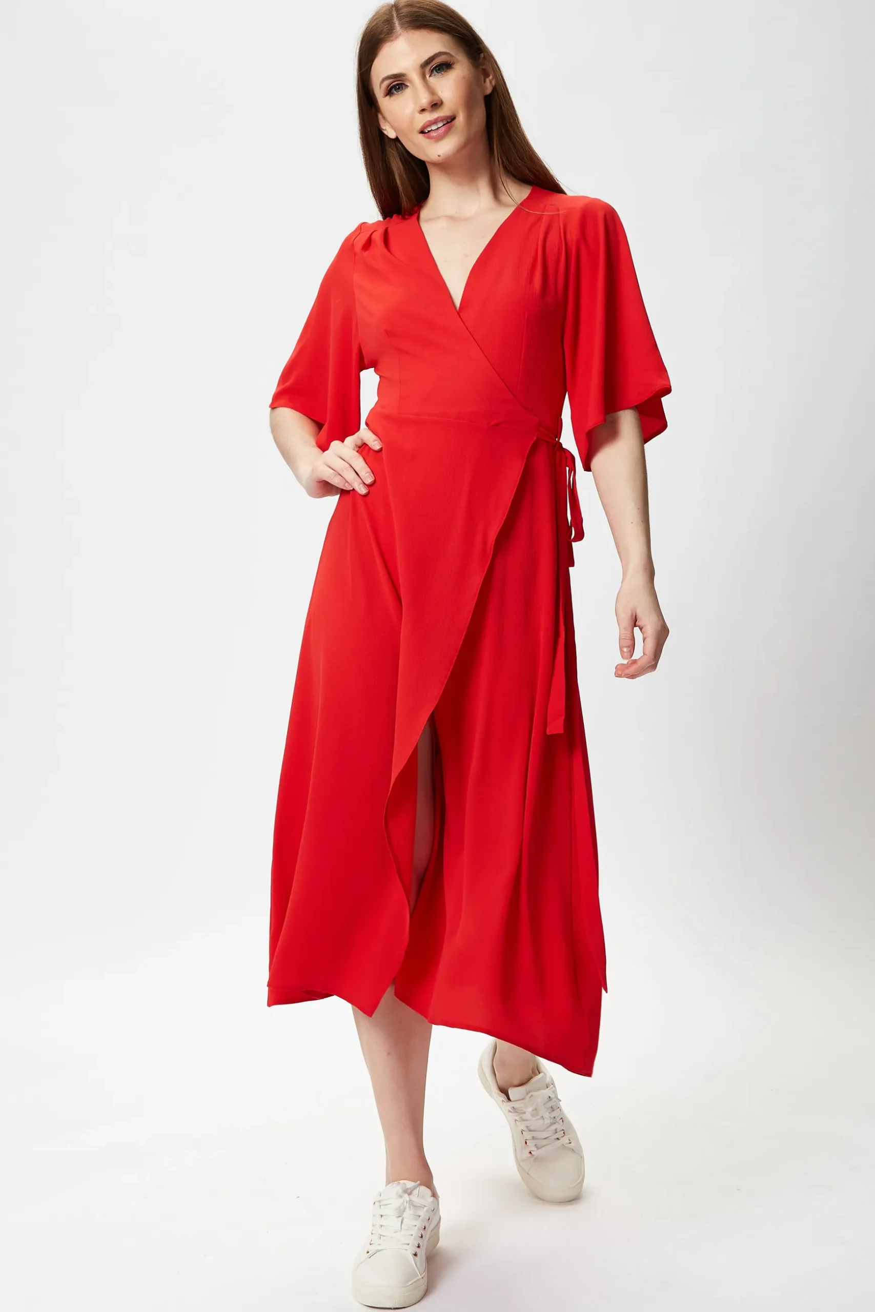 Women's Midi Wrap Dress in Red with Short Kimono Sleeves - Adjustable Tie Waist and V-Neckline by Liquorish