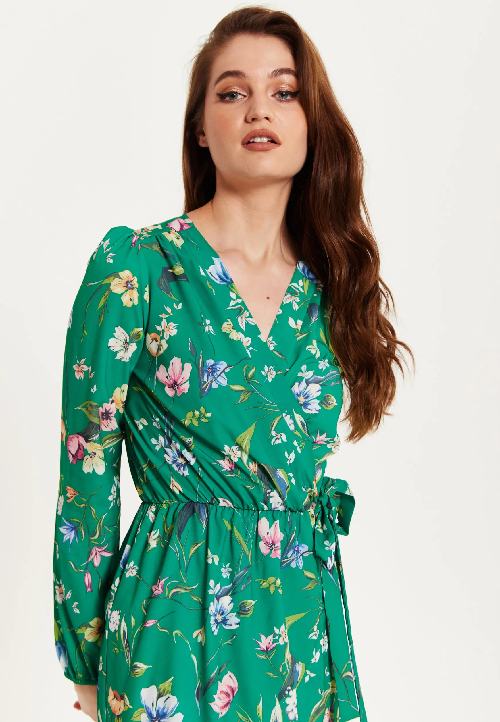 Women's Midi Wrap Dress in Green Floral Print with Long Sleeves - Chic Elegance by Liquorish