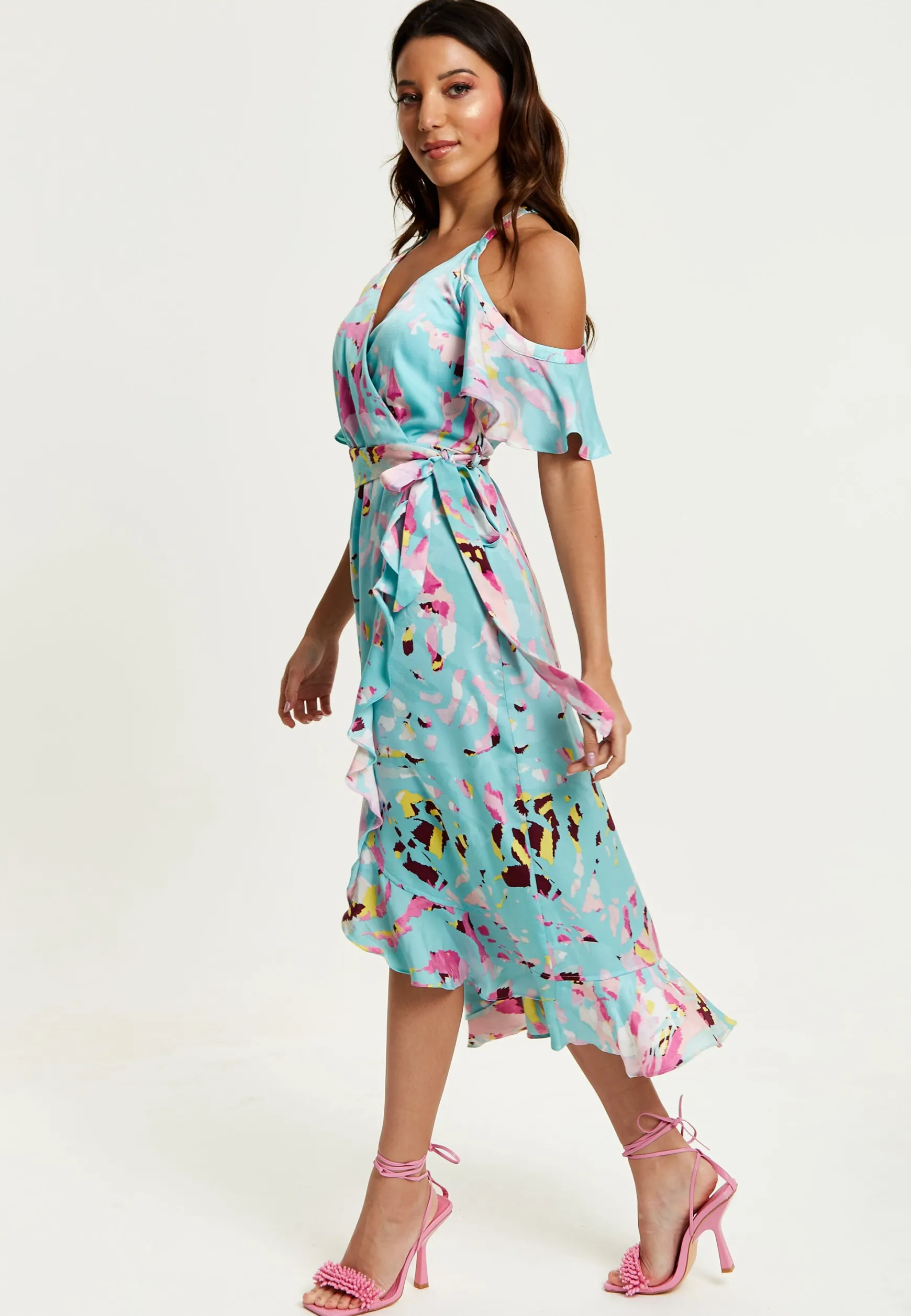 Women's Midi Wrap Dress in Blue Abstract Print with Cold Shoulders and Tie Waist - Elegant Style by Liquorish