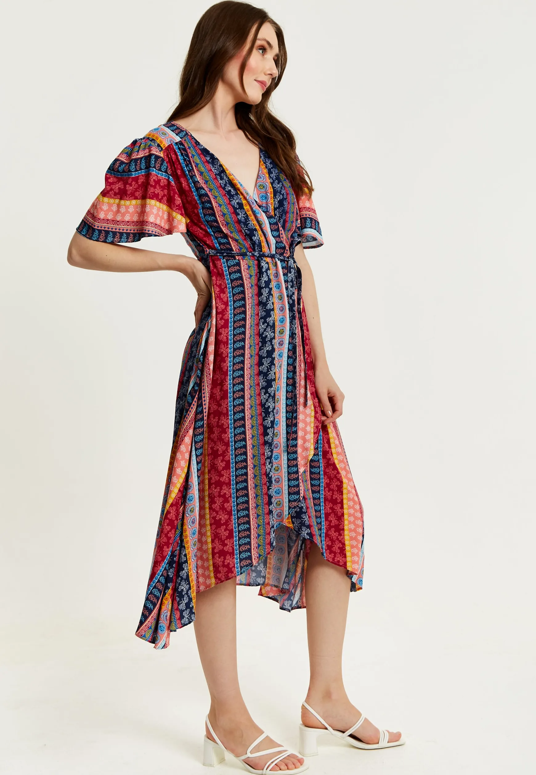 Women's Midi Wrap Dress in Multicolour with Short Sleeves and Paisley Print - Elegant V Neck Design by Liquorish