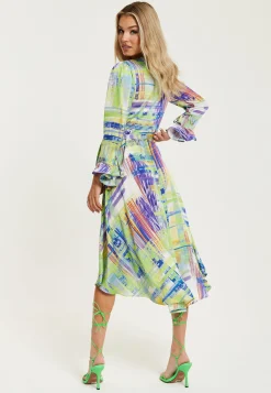 Women's Midi Wrap Dress in Green with V Neck, Side Tie, Flouncy Cuffs - Perfect for Every Occasion by Liquorish