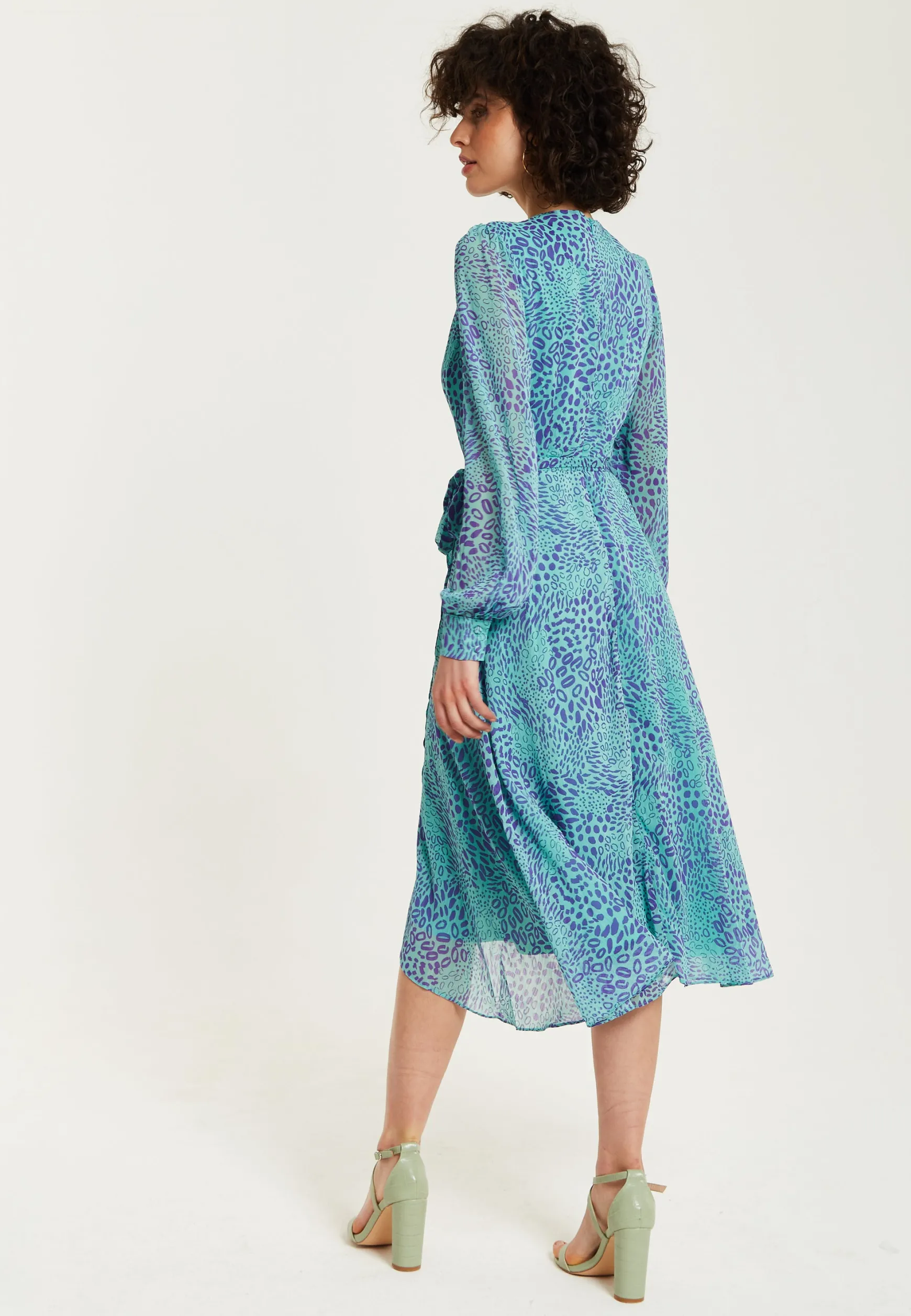 Women's Midi Wrap Dress in Blue with Long Sleeves, Animal Print Design and Tie Waist by Liquorish