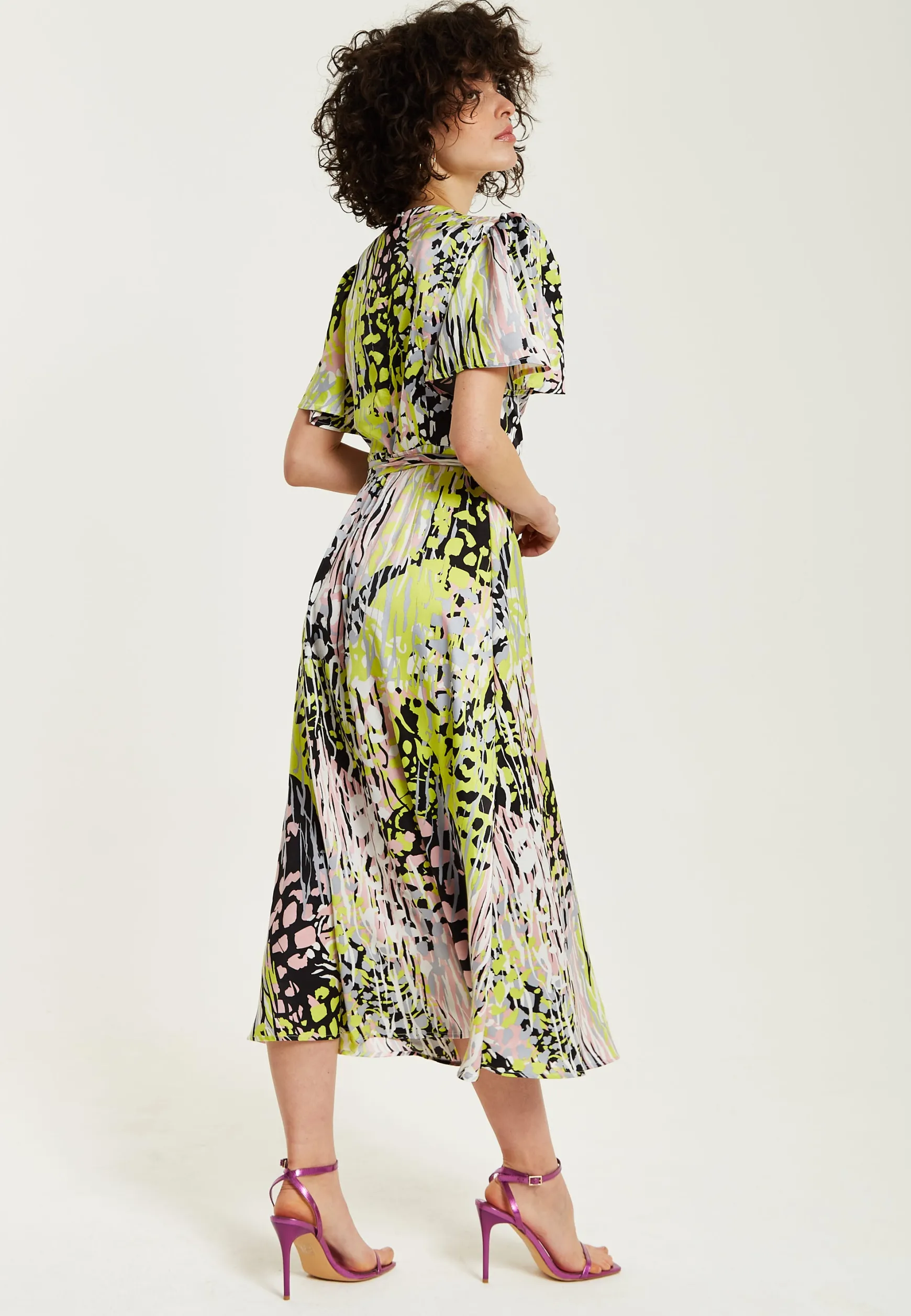 Women's Midi Wrap Dress in Vibrant Multicolour Abstract Print with Short Sleeves - Liquorish