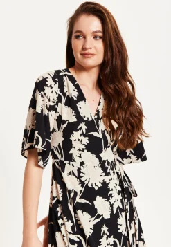 Women's Midi Wrap Dress in Floral Print with Kimono Sleeves - V Neck, Tie Waist, Adjustable Fit - Liquorish