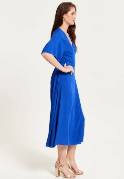 Women's Midi Wrap Dress in Royal Blue with Kimono Sleeves and Matching Tie Waist - Liquorish