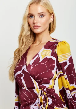 Women's Midi Wrap Dress in Mustard and Burgundy with Long Balloon Sleeves - Elegant Satin by Liquorish