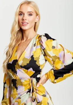 Women's Midi Wrap Dress in Earth Tone Floral with Long Balloon Sleeves & Frill Details - Liquorish