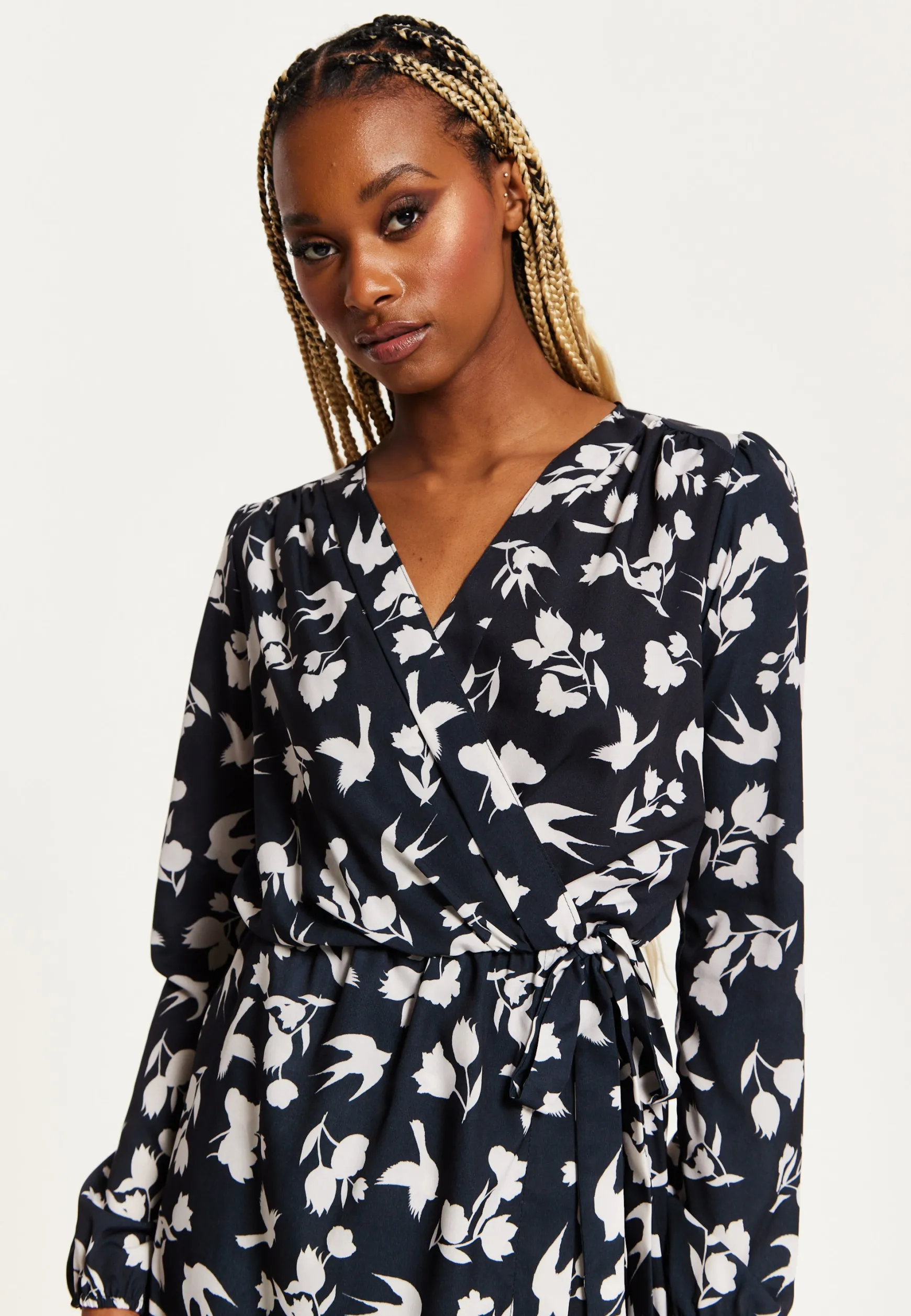 Women's Midi Wrap Dress in Navy with Long Sleeves and Floral & Bird Print - Chic Style by Liquorish