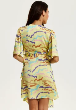 Women's Midi Wrap Dress in Yellow with Kimono Sleeves and Abstract Print - Stylish Design by Liquorish