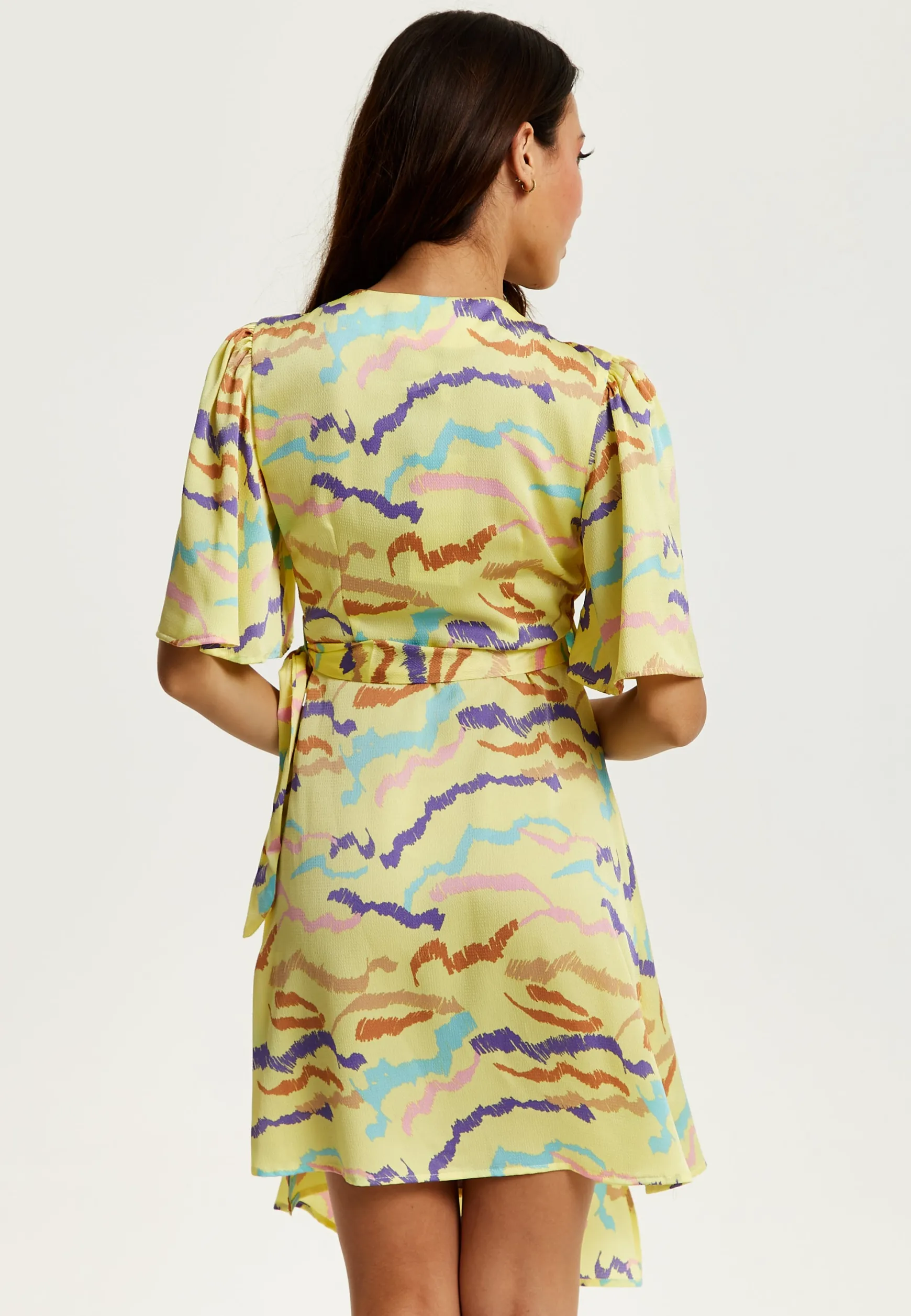 Women's Midi Wrap Dress in Yellow with Kimono Sleeves and Abstract Print - Stylish Design by Liquorish