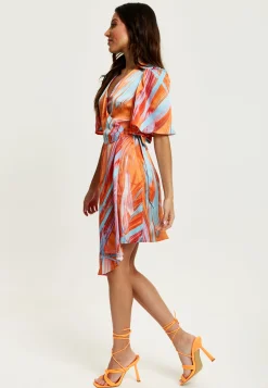 Women's Midi Wrap Dress in Orange with V Neck, Kimono Sleeves, and Abstract Print - Stylish Design by Liquorish