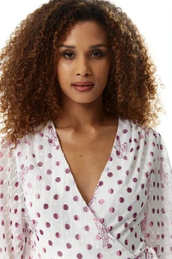 Women’s Midi Wrap Dress in White with Pink Floral & Polka Dots, V Neck, Kimono Sleeves - Liquorish