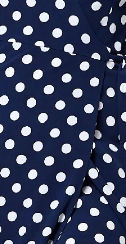 Women's Midi Wrap Dress in Navy with Kimono Sleeves - Chic Big Polka Dot Design by Liquorish
