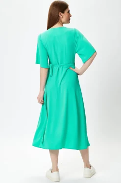 Women's Midi Wrap Dress in Mint Green with Short Kimono Sleeves - Elegant Style by Liquorish