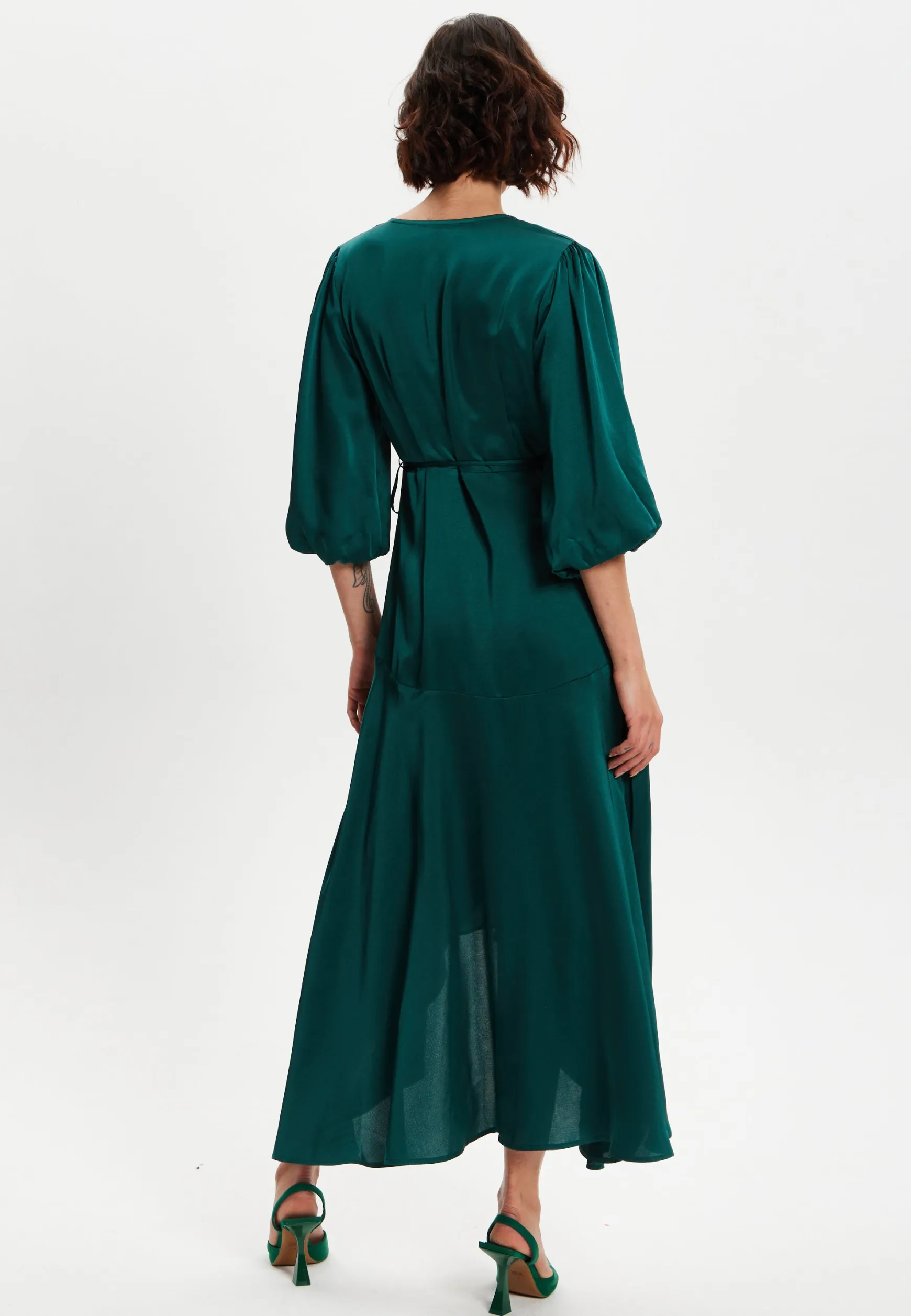 Women's Midi Wrap Dress in Dark Green with Short Puff Sleeves - Elegant Design by Liquorish